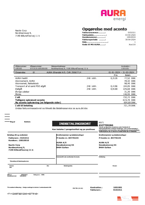 Denmark AURA Energi business utility bill template in Word and PDF formats